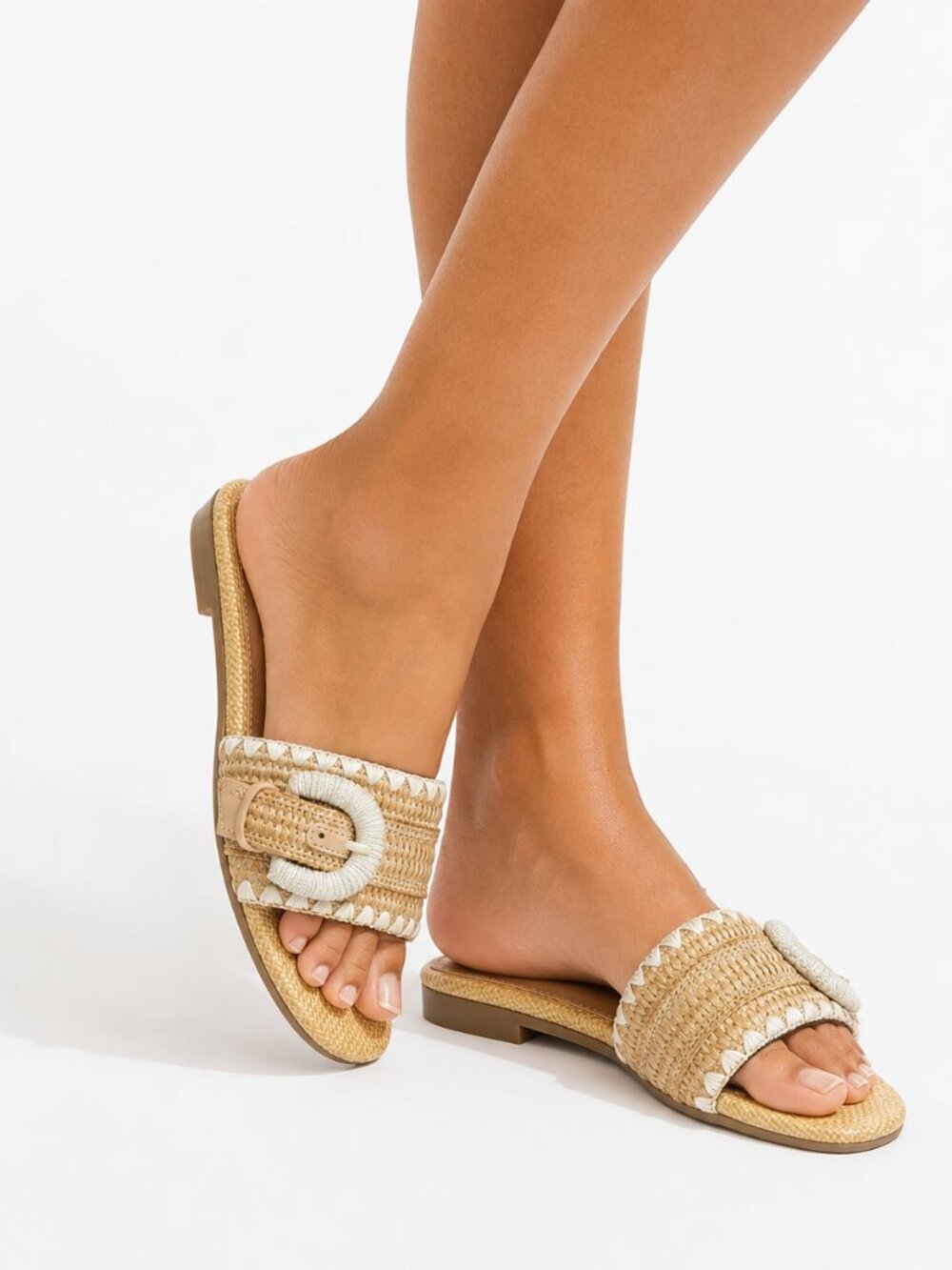 A New Day Beige Woven Straw Buckle Slide Sandals NWT Size 6